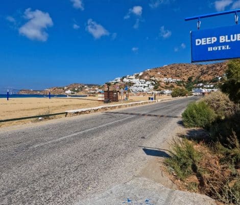 Mylopotas Beach road outside Deep Blue Rooms