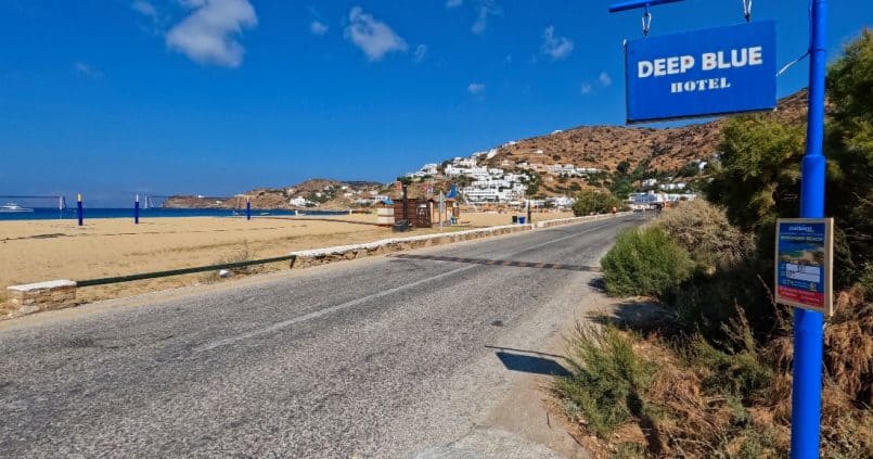 Mylopotas Beach road outside Deep Blue Rooms