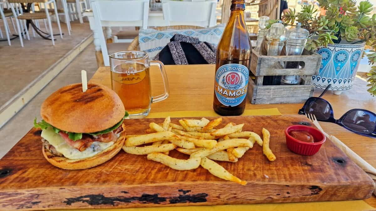 Delicious burger, chips and Mamos Beer at Liotera in Agia Anna, Naxos