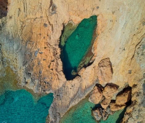 Drone shot of Devils Eye Sea Cave on Koufonisia