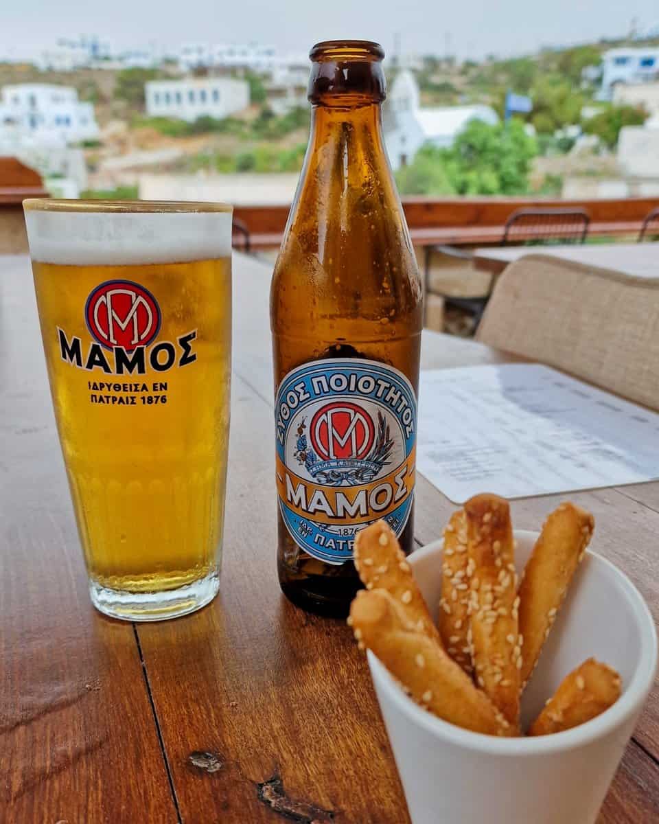 Mamos Beer and breadsticks at Nyphikó cafe on Iraklia