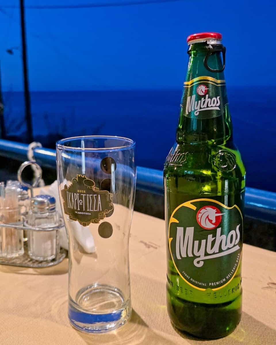 Mythos Beer at Baido Restaurant, Armenisis, Ikaria