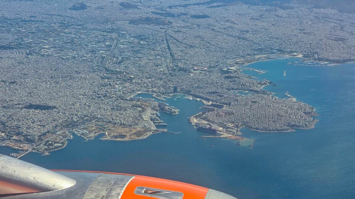 Flying over Piraeus Port on the way to Athens Airport